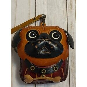 Hand Made Embossed Leather Brown Dog Coin Purse Bull Dog Lover Bone Wristlet